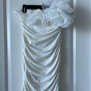 Fever One-Shoulder Ruched White Cocktail Dress – with Dramatic Organza Ruffle